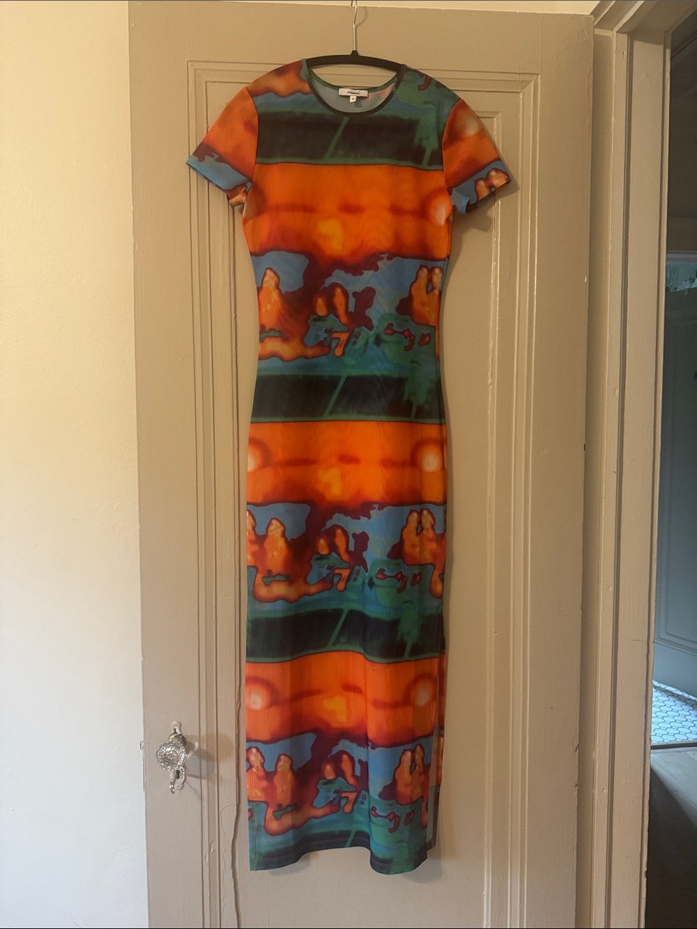 Color-Block Orange & Teal Short-Sleeve mesh dress